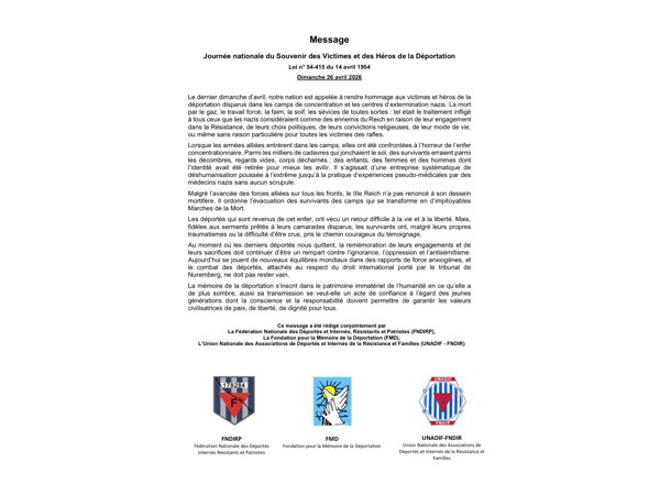 Première page du message national de la Journée nationale du souvenir des victimes et des héros de la déportation du 26 avril 2026.