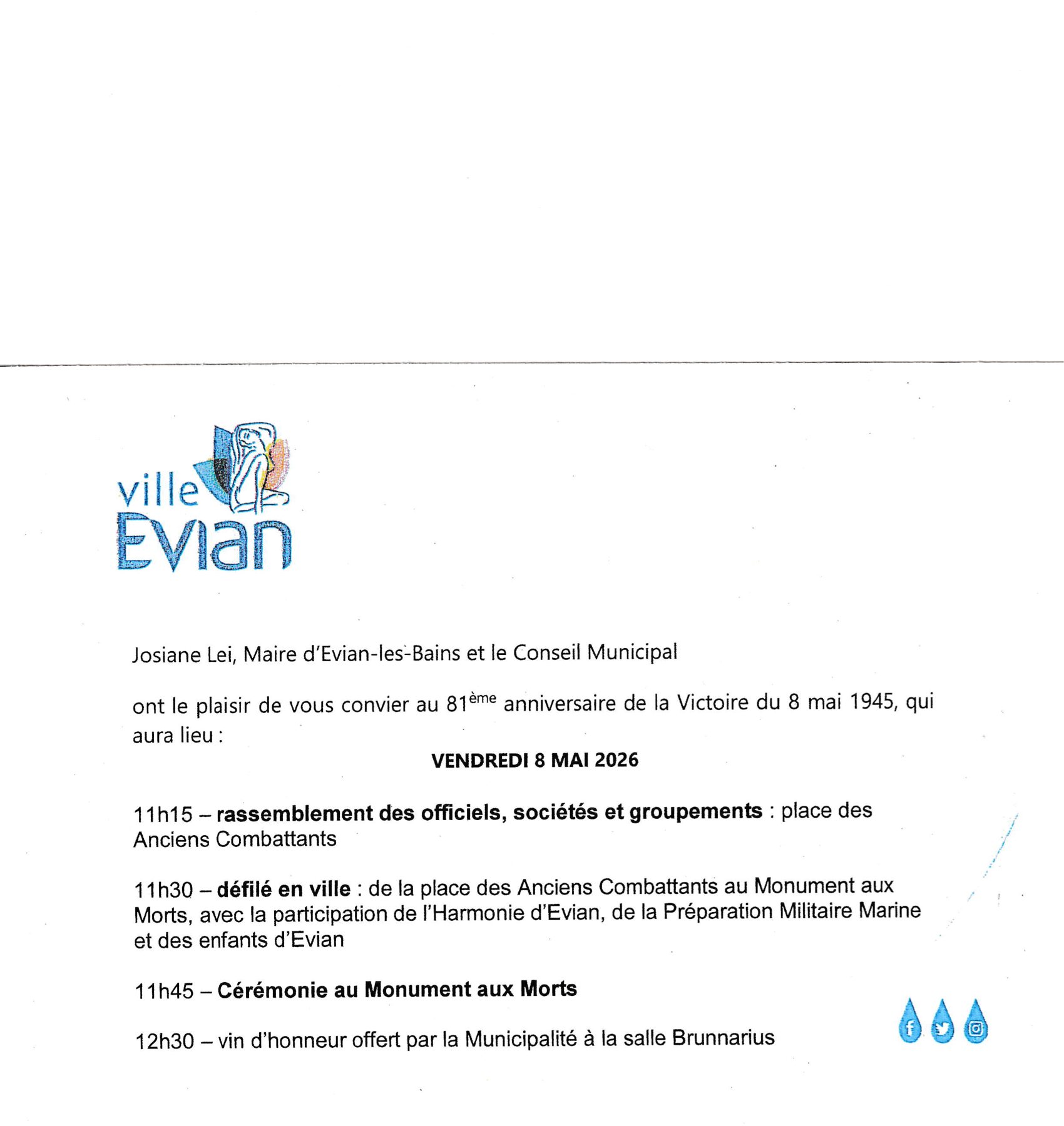 Invitation d'Évian-les-Bains au 81e anniversaire de la Victoire du 8 mai 1945