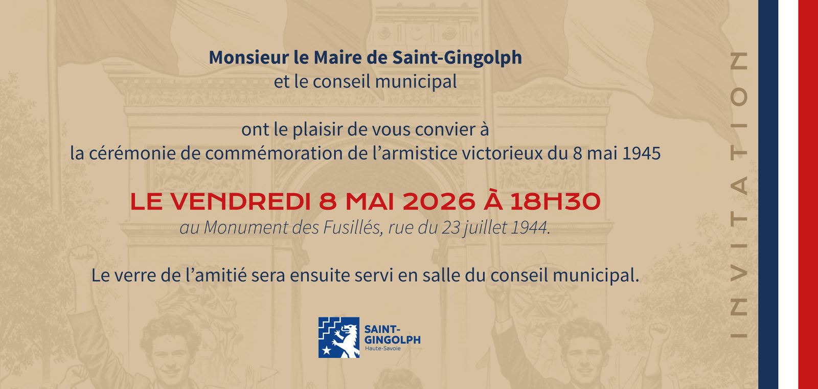 Invitation de Saint-Gingolph à la cérémonie du 8 mai 2026 à 18h30 au Monument des Fusillés