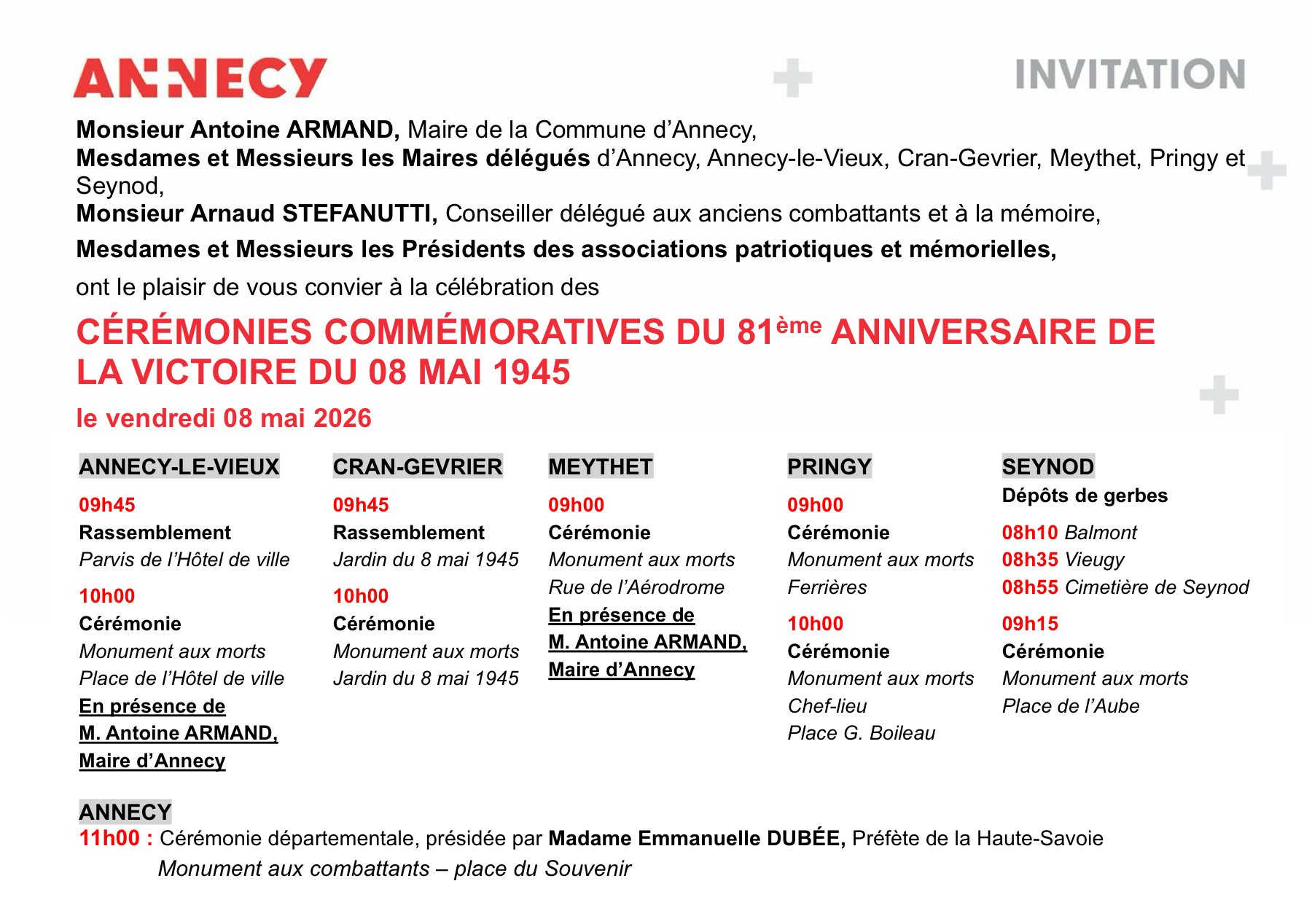 Invitation aux cérémonies commémoratives du 8 mai 1945 à Annecy et dans les communes déléguées