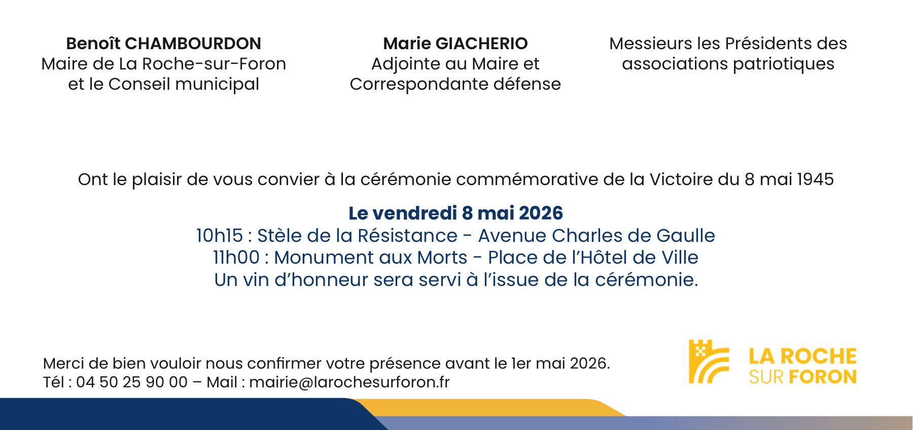 Invitation de La Roche-sur-Foron à la cérémonie commémorative du 8 mai 2026