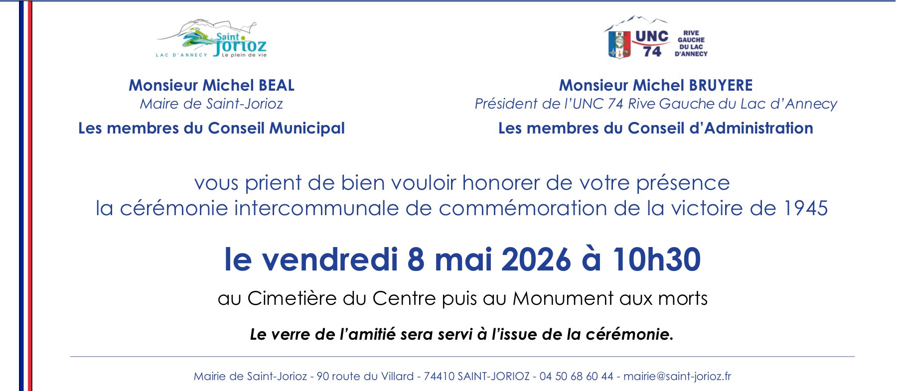 Invitation de Saint-Jorioz à la cérémonie intercommunale du 8 mai 2026