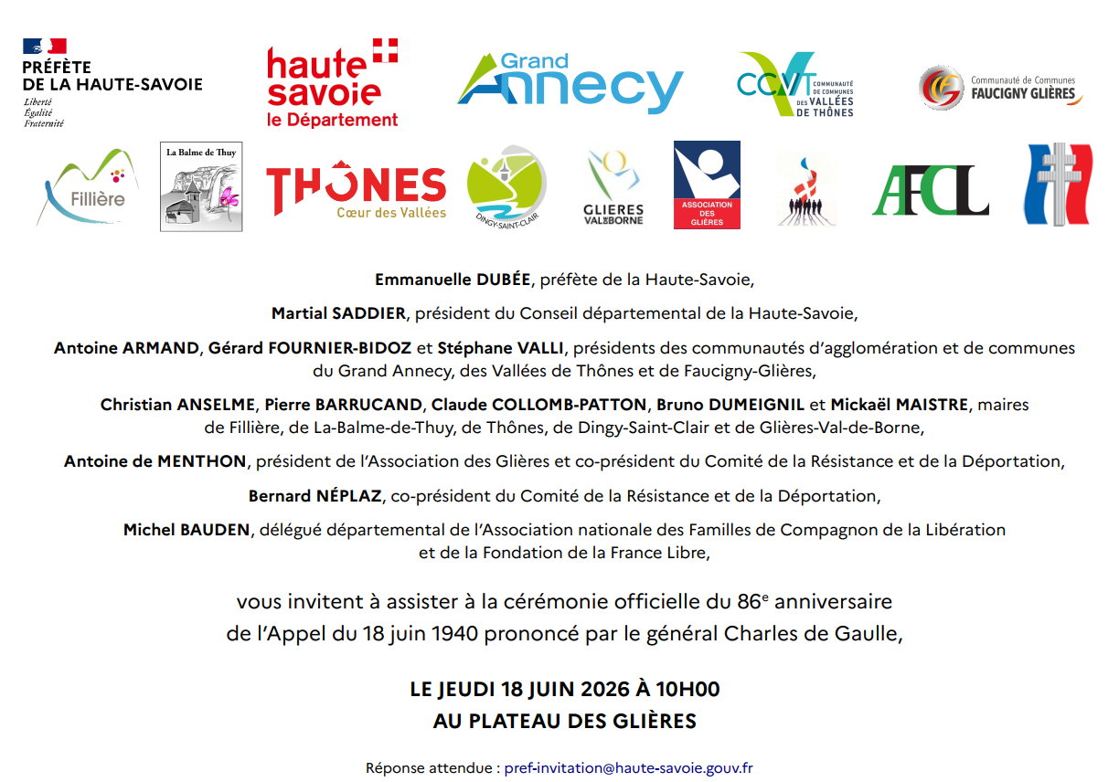 Invitation à la cérémonie officielle de l'Appel du 18 juin 2026 au plateau des Glières
