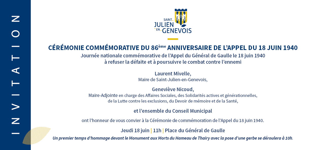 Invitation à la cérémonie de l'Appel du 18 juin 2026 à Saint-Julien-en-Genevois