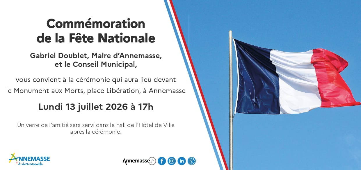 Invitation à la commémoration de la Fête nationale à Annemasse le lundi 13 juillet 2026 à 17h00