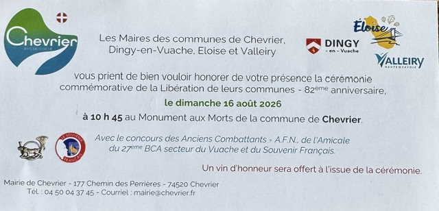 Invitation à la cérémonie de la Libération à Chevrier le dimanche 16 août 2026 à 10h45