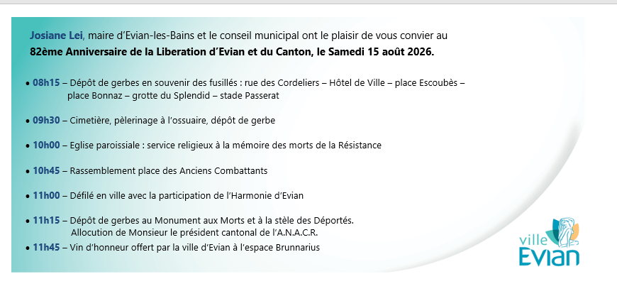 Invitation aux cérémonies de la Libération d'Évian et du canton le samedi 15 août 2026