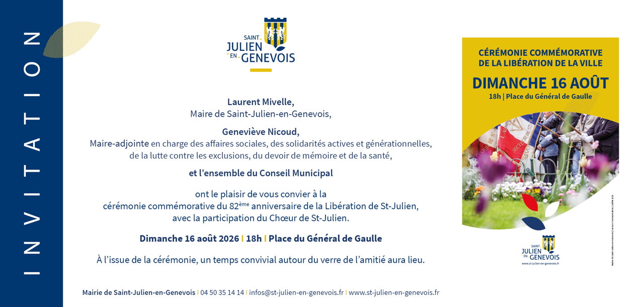 Invitation à la cérémonie de la Libération de Saint-Julien-en-Genevois le dimanche 16 août 2026 à 18h