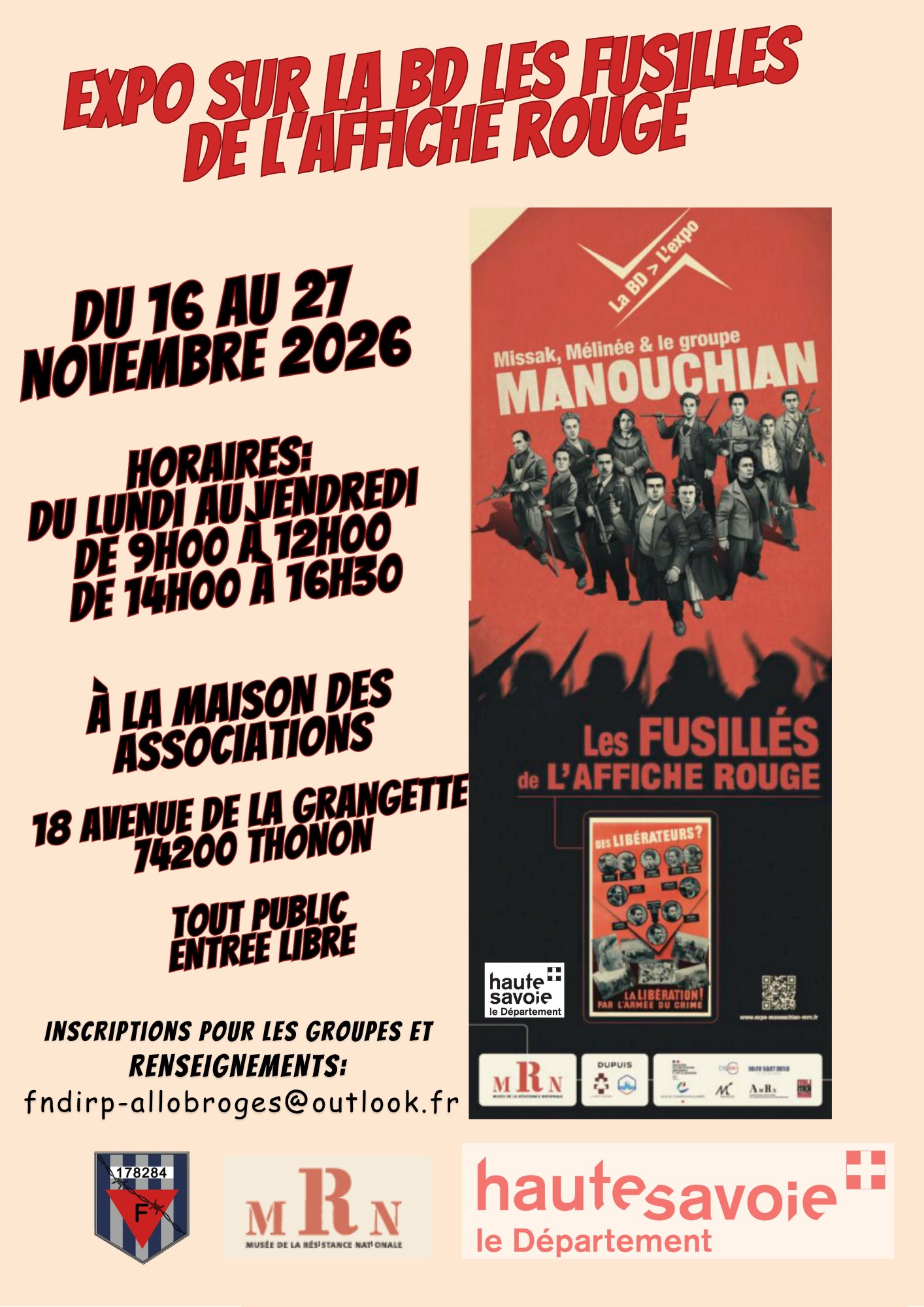 Affiche de l’expo sur la BD Les Fusillés de l’Affiche rouge, du 16 au 27 novembre 2026 à la Maison des associations de Thonon.